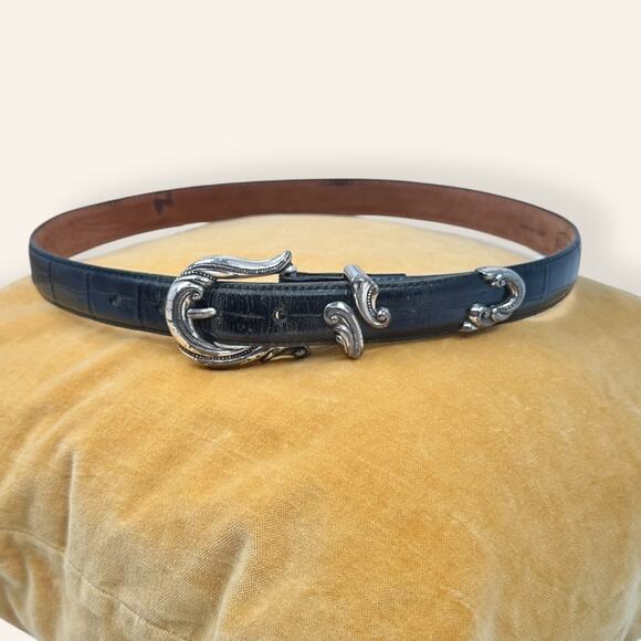 Coldwater Creek Black Leather Silver Buckle Belt M Made in USA - Picture 2 of 2